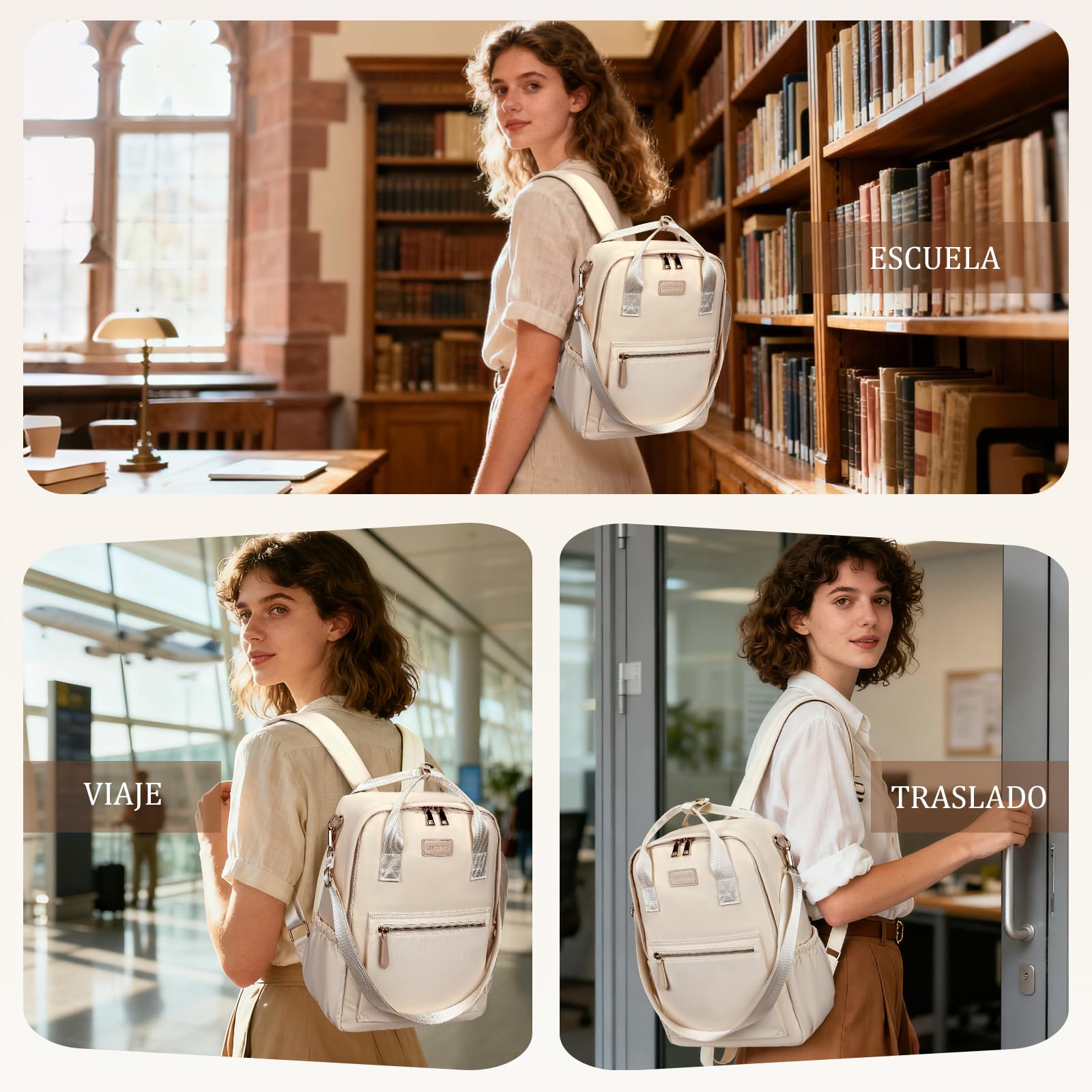 Leathario Mochila Mujer Antirrobo e Impermeable, Mochila Portátil para Laptop 13.3 Pulgadas, para Universidad, Trabajo y Uso Casual, Regalo Mujer (Beige)