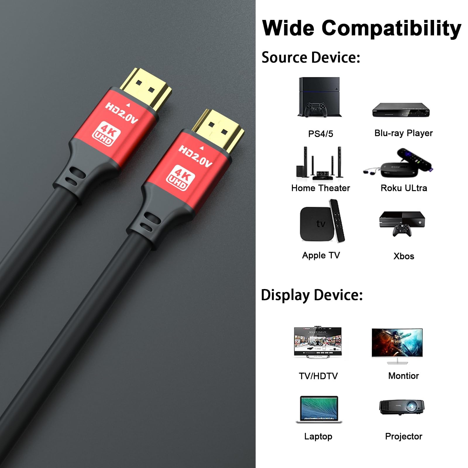 Cable HDMI de 10 pies, paquete de 5, 48 Gbps, 8 K a 60 Hz, 4 K a 120 Hz, HDCP 2.2 y 2.3, DTS:X, HDR 10, compatible con Roku TV/eARC/3D/PS5/HDTV/Laptop/Blu-ray Cable HDMI de alta velocidad