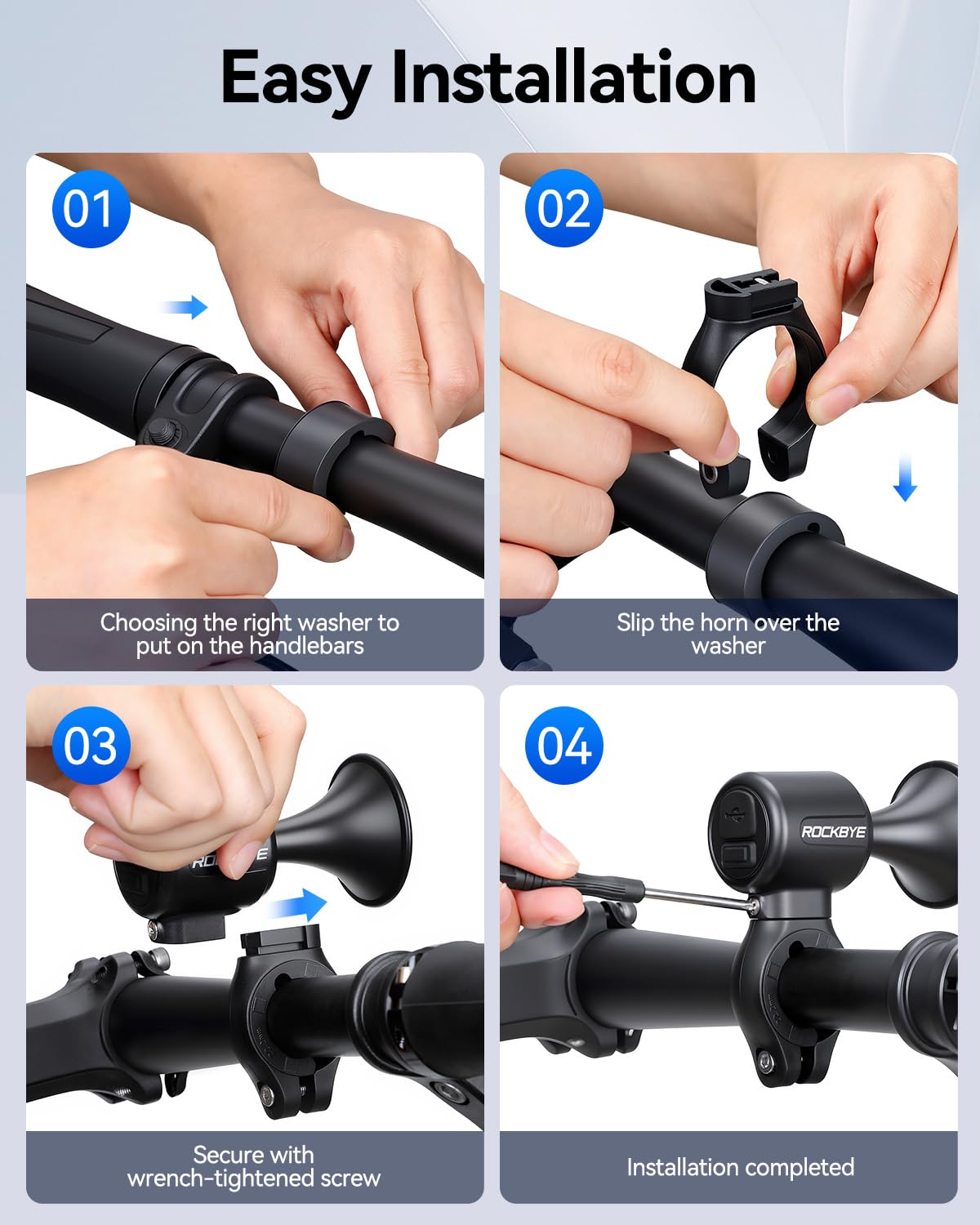 E-Bike-Hupe, 120 dB, laute Fahrradhupe für 22,2–25,5 mm runde Lenker, per USB wiederaufladbar, IP65 wasserdicht, einfache Installation für Mountainbike/E-Bike/Roller/Erwachsene