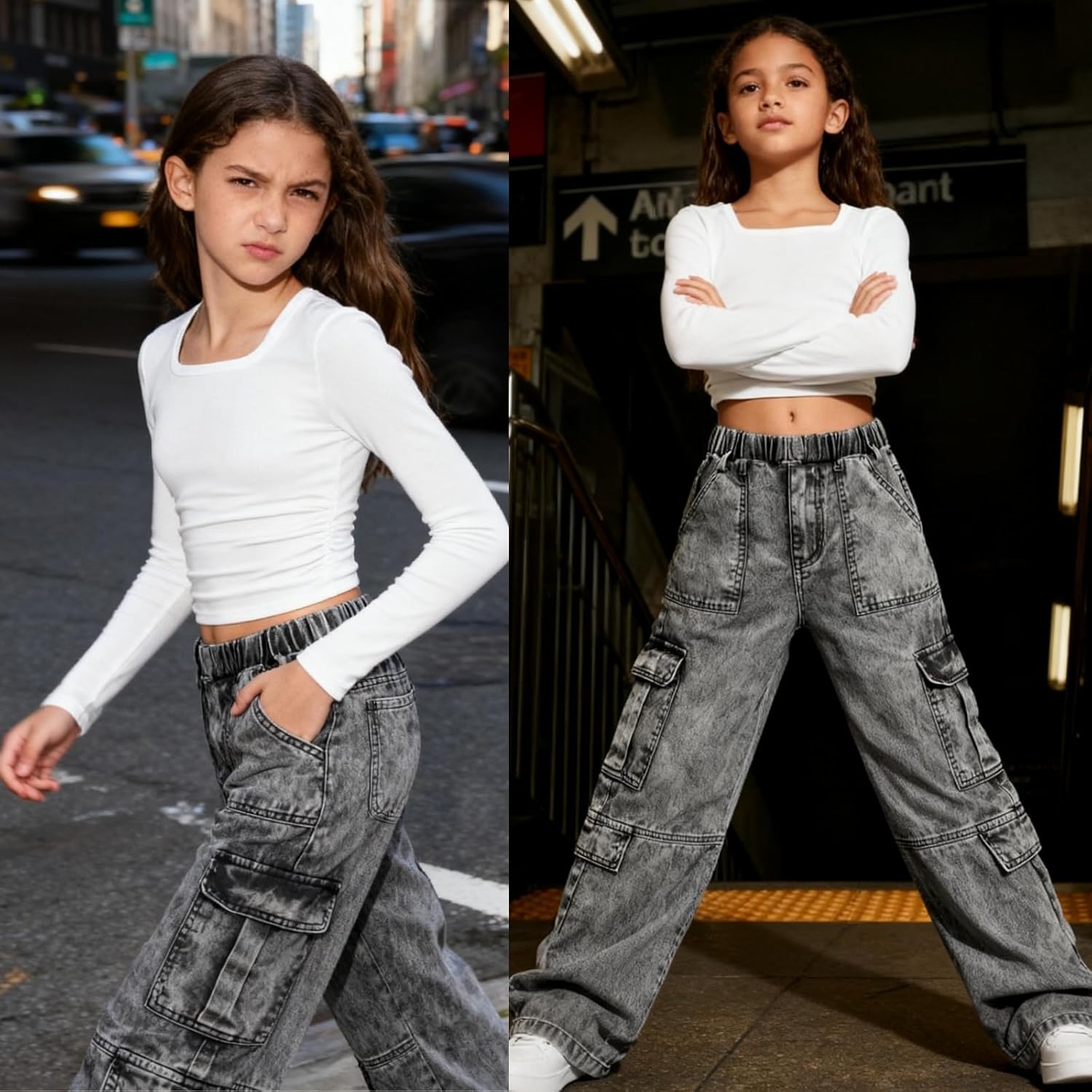 Tween Girls Clothes 2 Piece Long Sleeve Top + Denim Cargo Pants, Teen Girls Fall Clothing Set, Sizes 5-12 Years