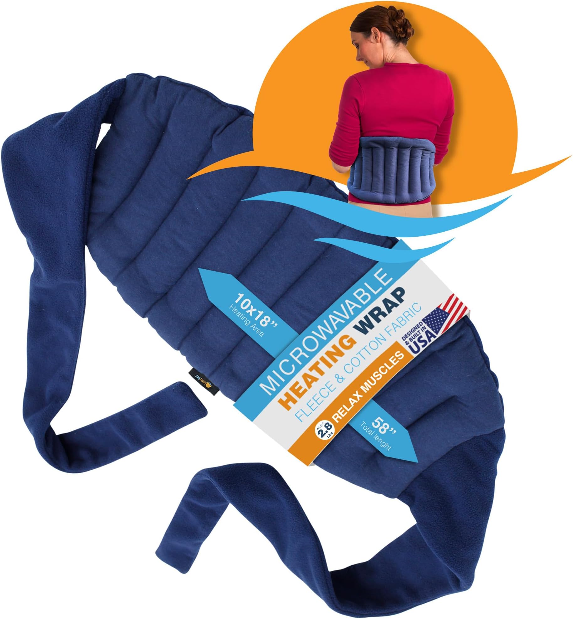 Sunny Bay Lower Back and Shoulder Joint Heat Wrap with Strap, 10"x18" Heat Pad, Microwave Hot/Cold Pad, Reusable, Portable, Navy Blue