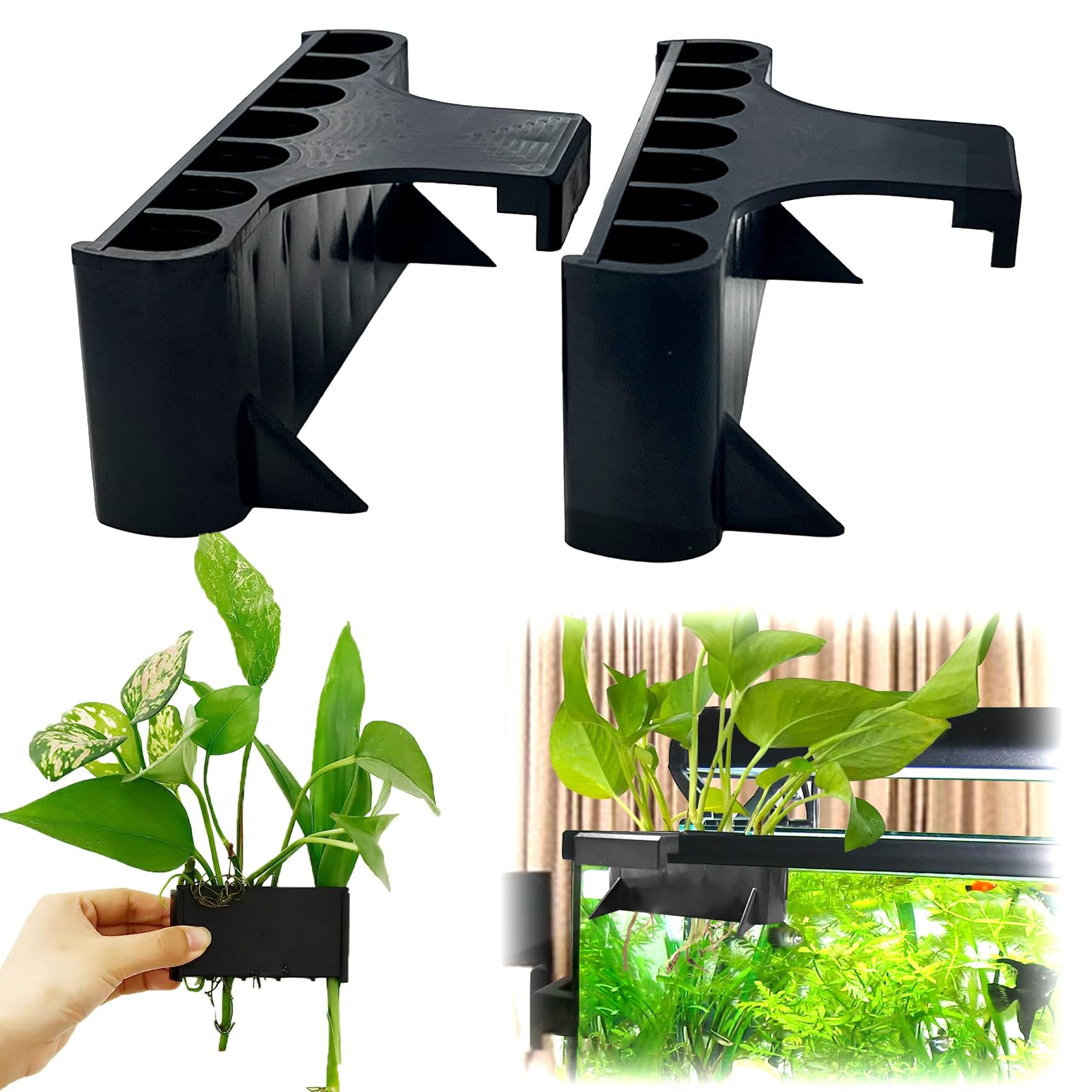 2PC 7 Holes Upgraded Aquarium Plant Holder, Aquatic Plants Cup for Tank, Fish Tank Plant Holder with Long Hook, Aquarium Feeder for Aquascape Decorations on Top of Tank (Black-2PC)