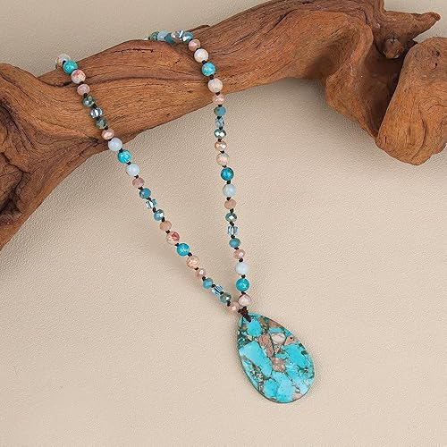 Miniatura 9 de Collares largos para mujer, bohemios, dije ovalado de turquesa con forma de gota de agua, cuentas de piedra natural, hecho a mano, vintage y