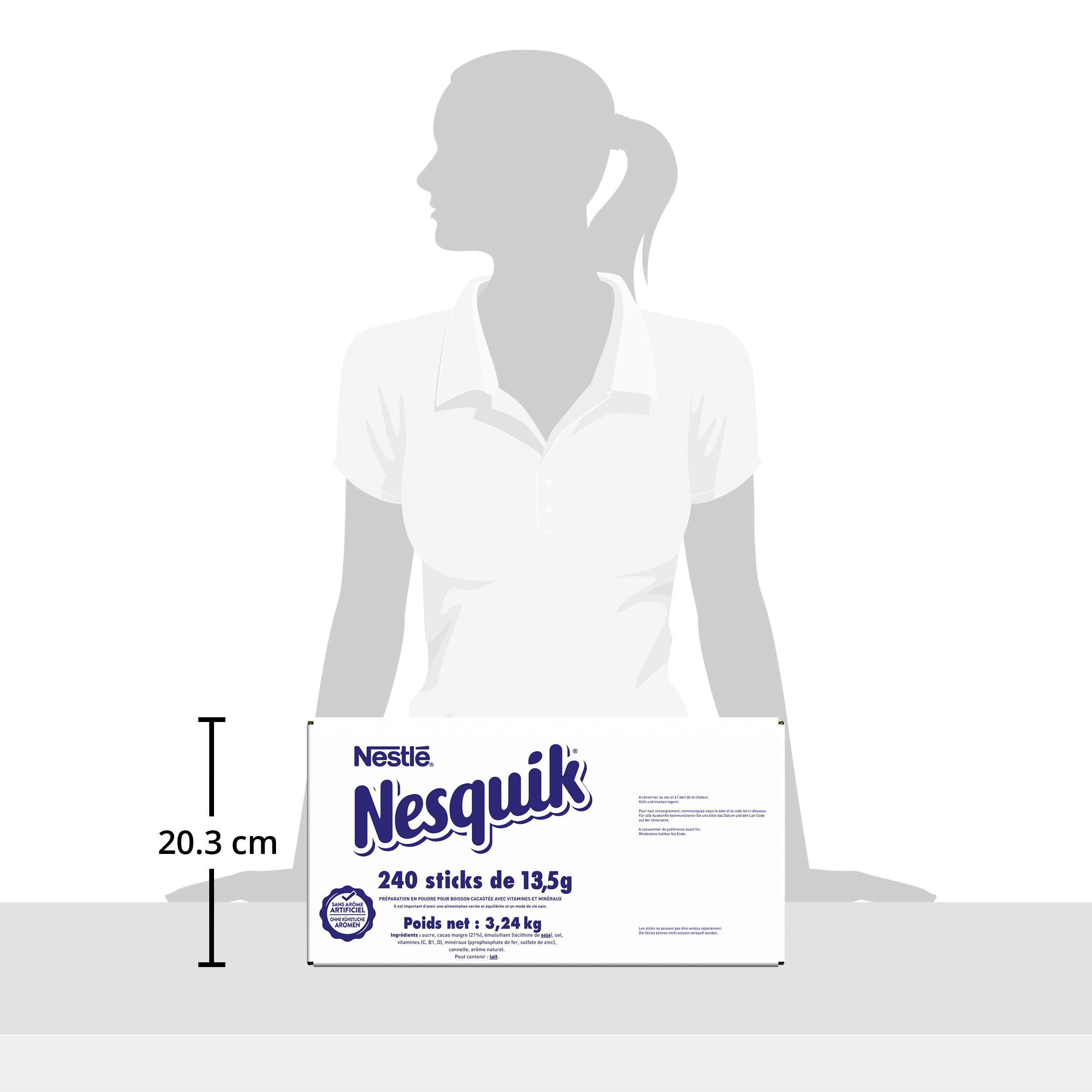 NESQUIK Sticks Chocolat en Poudre - Dose Individuelle 13,5g - Cacao en Poudre à Mélanger avec du Lait - Préparation Instantanée pour le Petit Déjeuner - Carton de 240 Dosettes de 13,5g