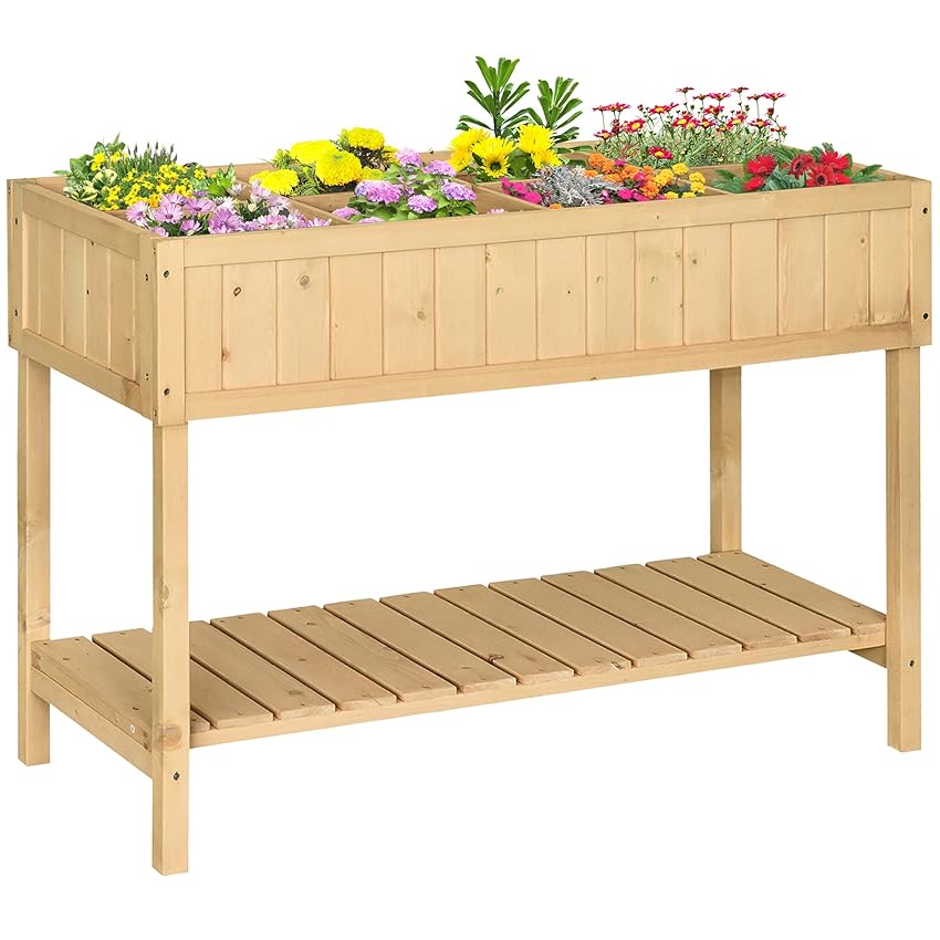 Immagine del prodotto Outsunny Letto per Orto Rialzato in Legno Orto Pensile Urbano con 8 Griglie e Ripiano Inferiore per Piante da Giardino 120x60x81cm