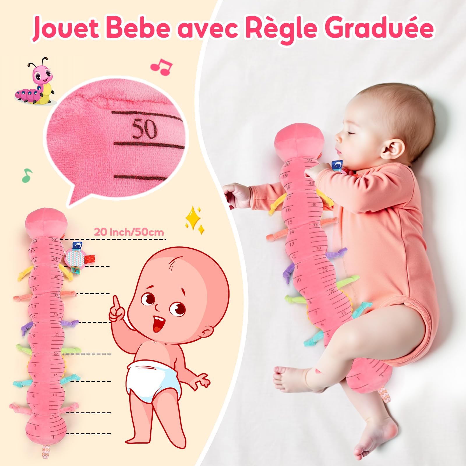 Lypsochaat Jouet Bebe 0-3-6-9-12 Mois, Jouet en Peluche Chenille Musicale, Jeux Bébé Eveil 0-3 0-6 Mois, Cadeau Naissance Fille Garcon Bébé (Rose)