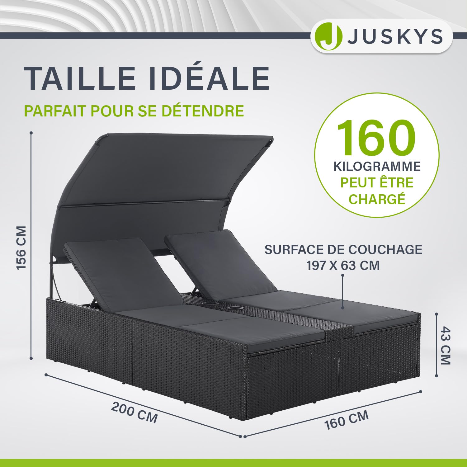 Juskys Chaise Longue Double en polyrotin Syros - Transat de Jardin pour 2 Personnes - Chaise d'extérieur avec auvent et Coussins - Appuie-tête réglable - Noir