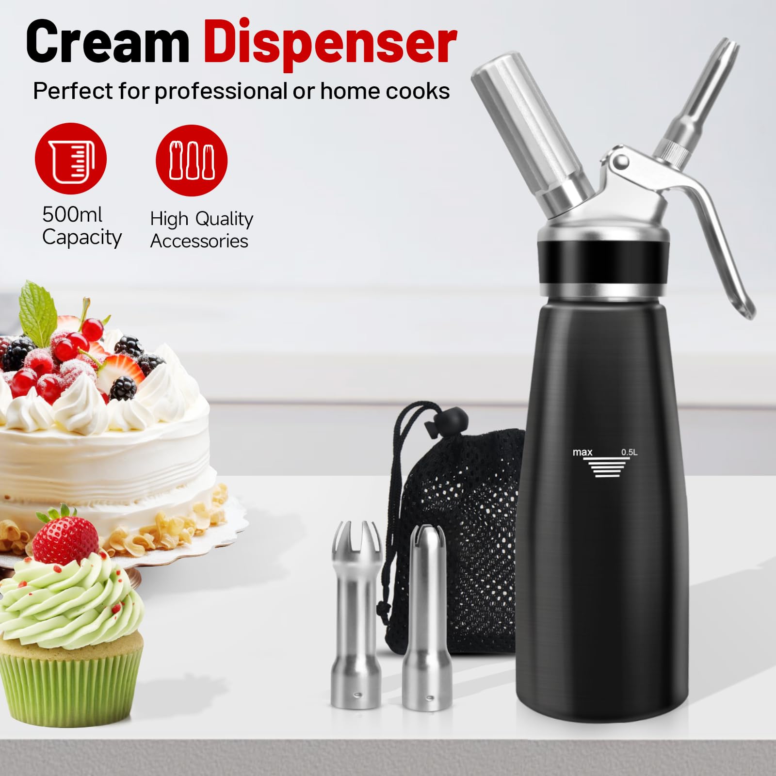 Sifón de Cocina,500 ml sifón de Cocina espumas,sifon de Nata Aluminio para Espumas Dulces Y Saladas Nata Mousse,con 3 boquillas Acero Inoxidable