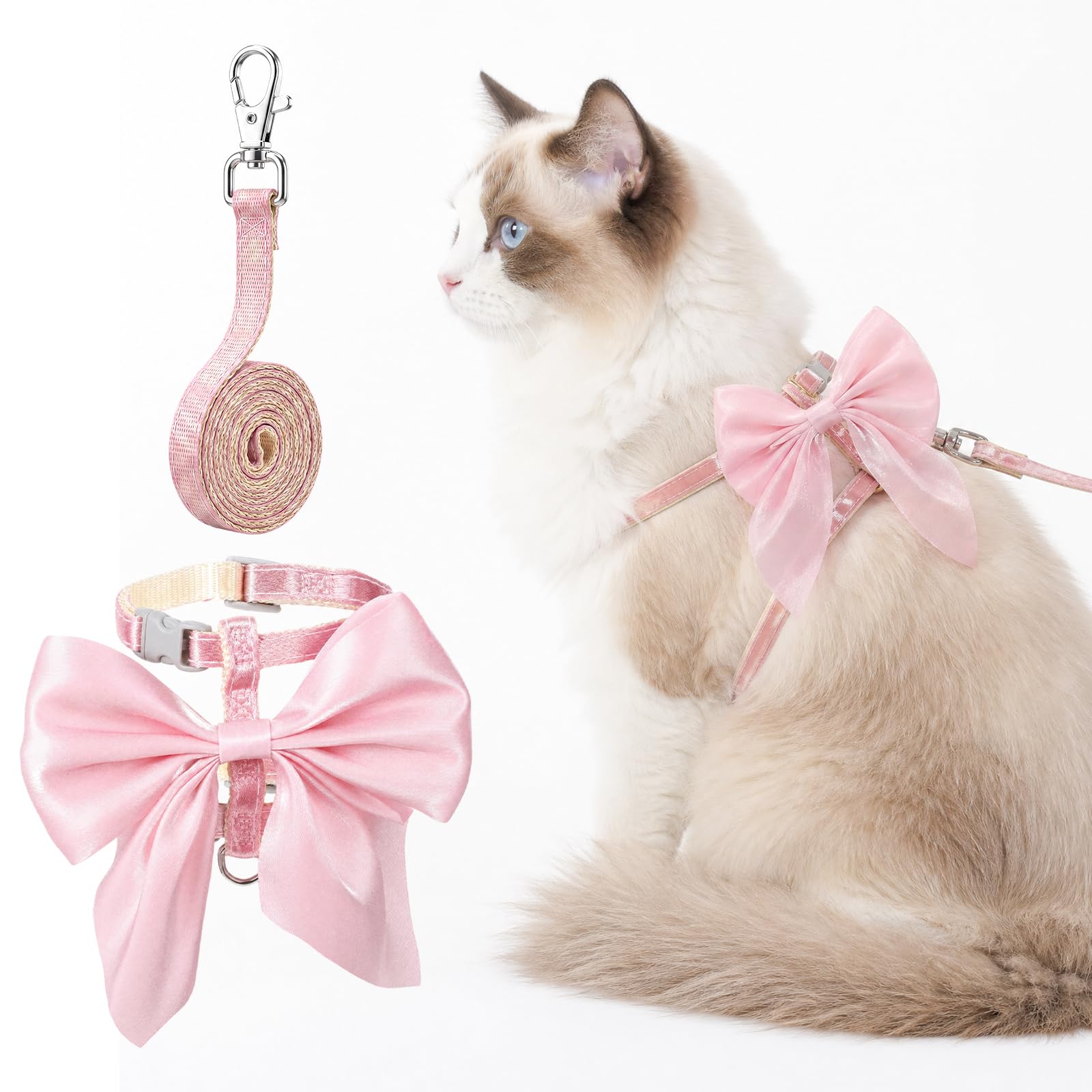 Pink Bow Cat Harness and Leash Set for Walking Escape Proof, Adjustable Vest Easy Control Breathable Harnesses for Kitty Puppy Bunny Dog (S)