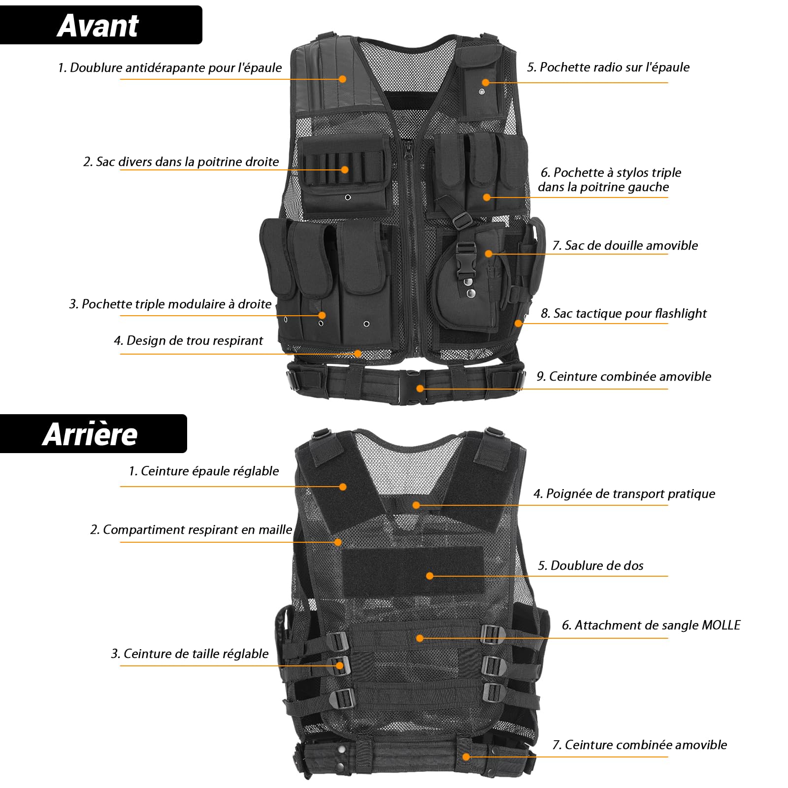 Lot de 2 gilets tactiques pour homme avec poches, ceinture ventrale réglable | Gilet tactique respirant et résistant pour l'extérieur, la pêche, le camping (noir)