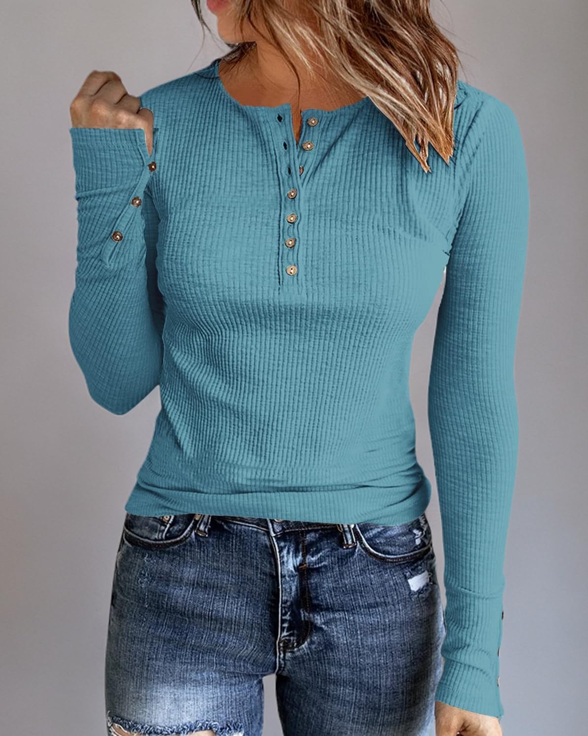 Womens Long Sleeves Ribbed Knit Tunic Shirts Scoop Neck Button Down Tops Casual Henley Tee Shirt Slim Fit Blouses - Image 3