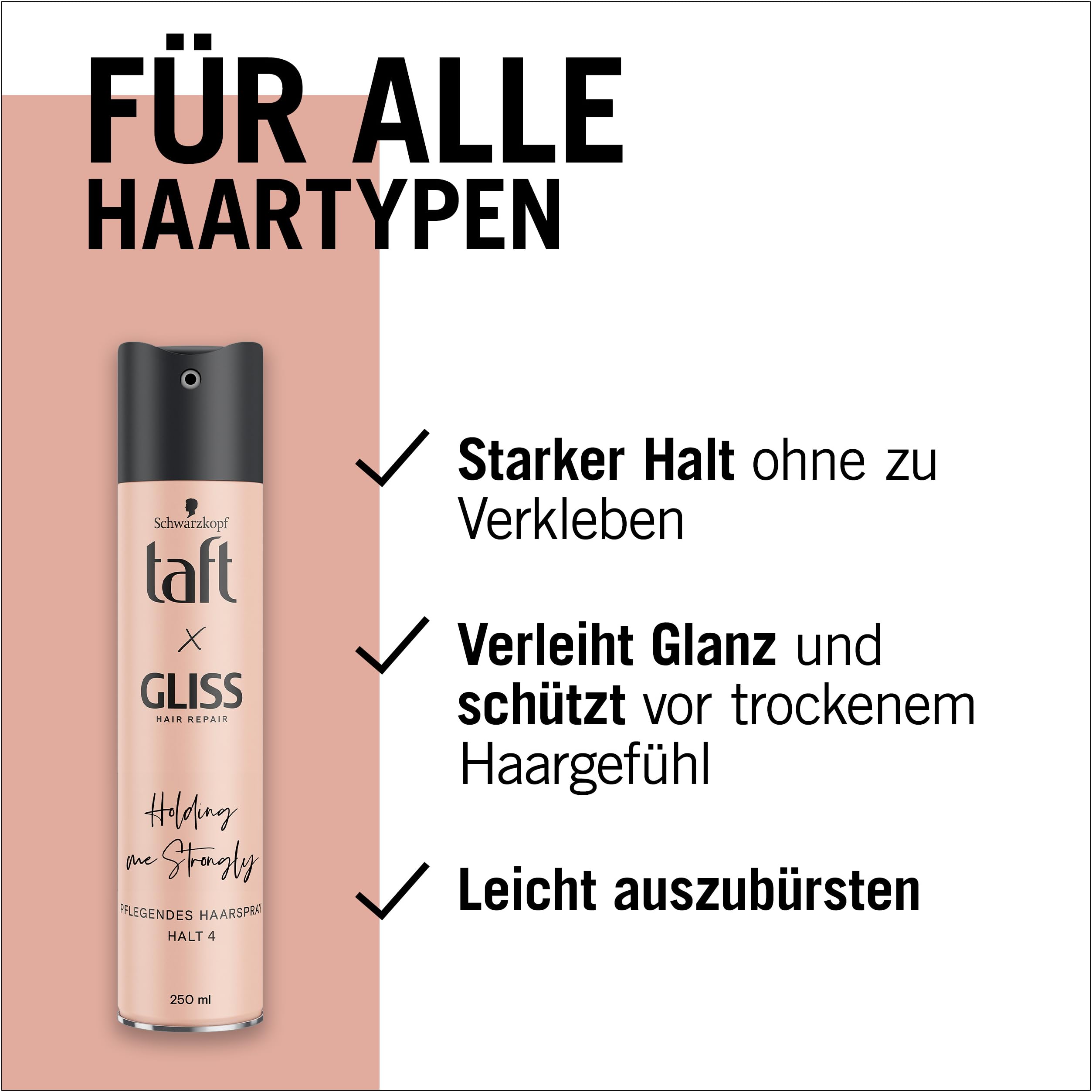 Taft x Gliss Holding me Strongly Haarspray Haltegrad 4 (10 x 250 ml), Styling Spray gibt starken Halt für alle Haartypen, Haarspray ohne Silikone mit Arganöl und Provitamin B5