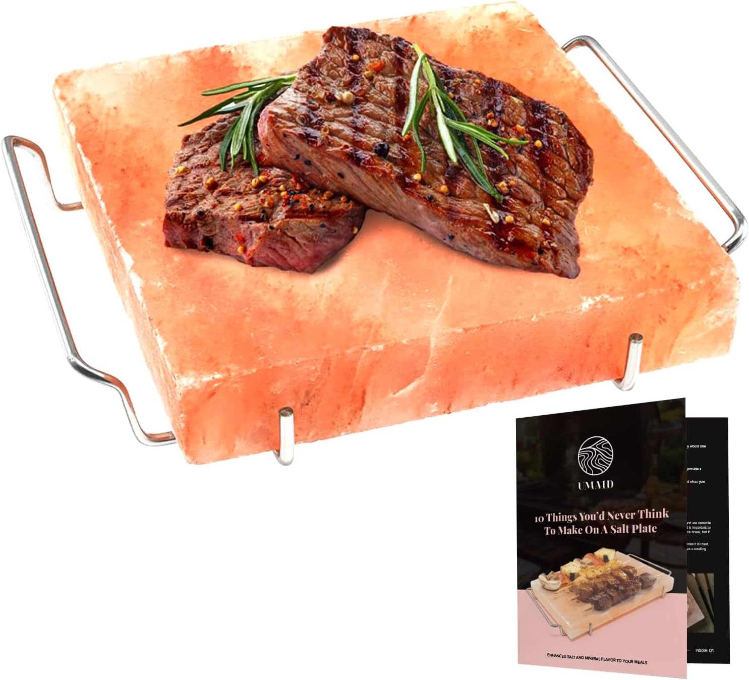 UMAID Himalayan Salt Block For Grilling, Cooking, Cutting and Serving,8X8X1.5 Food Grade Himalayan Pink Salt Stone on Stainless Steel Plate & Recipe Pamphlet, Unique Gifts for Men, Women, Chef, Cooks