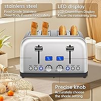 Vista 4 de SEEDEEM Tostadora de 4 rebanadas, pantalla LCD, 6 configuraciones de tostado, ranuras de 1.5 pulgadas de ancho, tostadora digital de acero