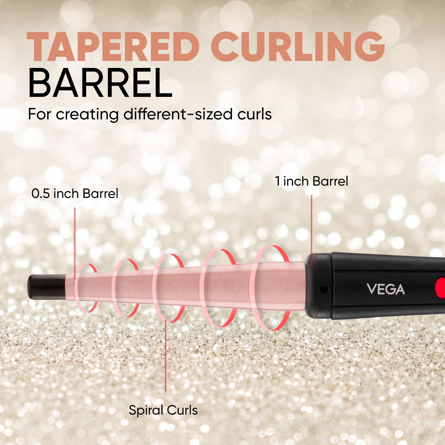 Illustration of the VEGA I-Curl ፀጉር ሲurler's tapered barrel showing 0.5 inch and 1 inch sections for different curl መጠኖች.