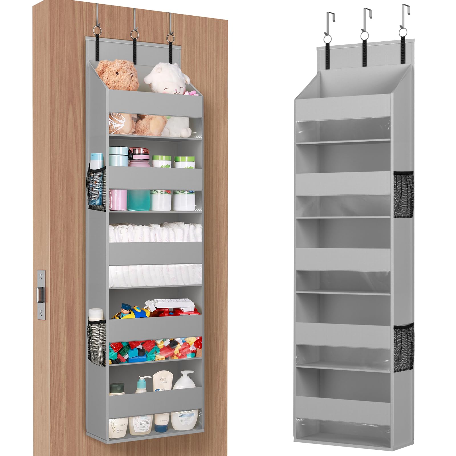 Lifewit 1 Pack Over the Door Organizer, Clear Window Hanging Storage with 4 Mesh Side Pockets, Anti Tilt 40 lbs Load Behind Door for Pantry, Nursery, Bathroom, Bedroom, Dorm, 5 Section, Light Gray