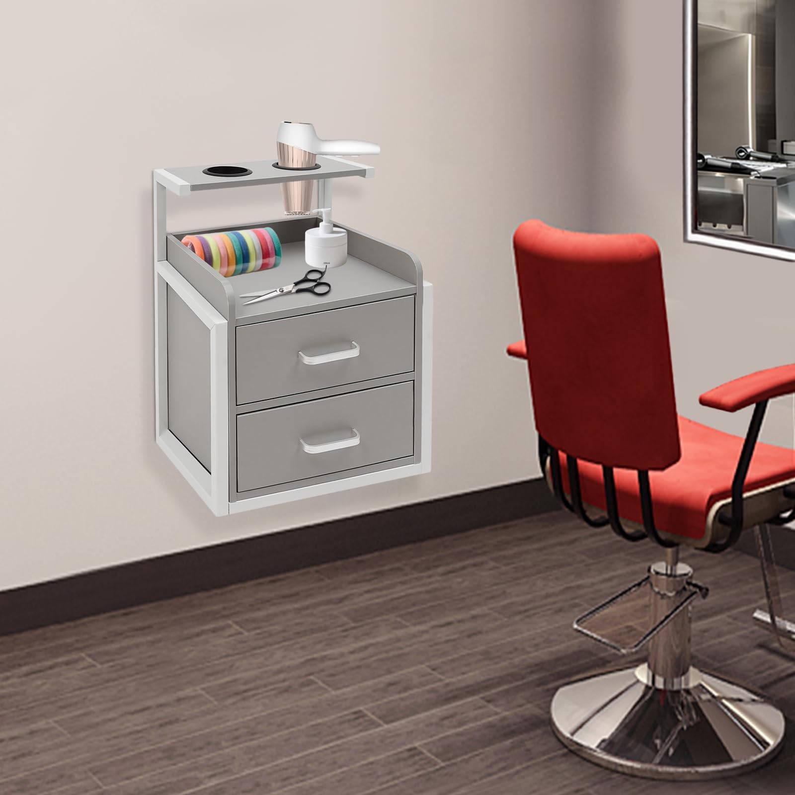 Mehrzweck Hängeschrank, Werkzeugschrank für Friseur, Salon Wandschrank mit Haartrockner-Halterung und Schubladen, Friseur Zubehör, Beauty Wandschrank, Nachttisch, 40 * 30 * 48cm (Weiß)