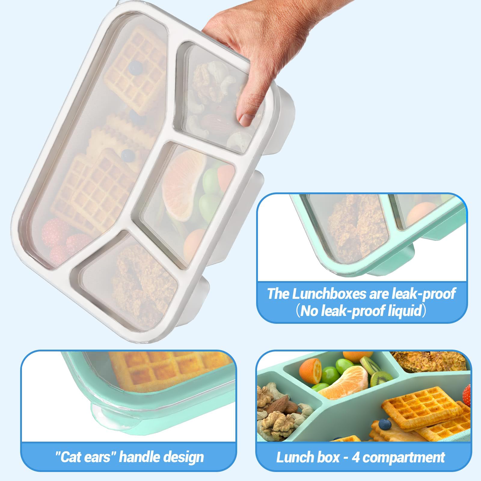 Set 4 Lunchbox Bento Meeyuu Con 4 Scomparti E Posate - Contenitori Portatili Per Adulti E Bambini - Adatti A Microonde E Lavastoviglie