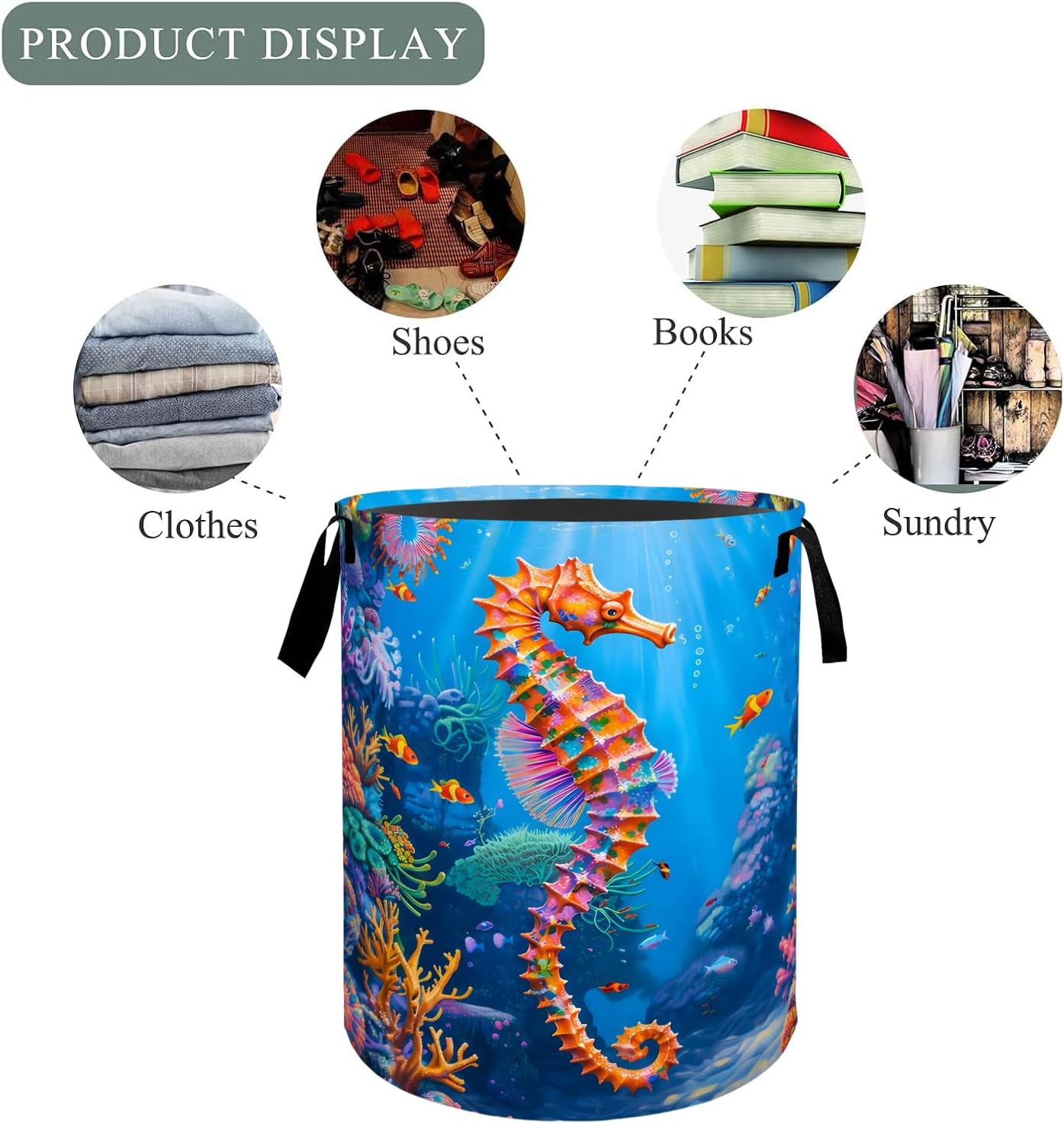 Seahorse Ocean Laundry Basket Hamper, Organizer Bins Gifts for Women Kids, Coastal Sea Animal Foldable Waterproof Clothes Hamper Handles Storage Bucket for Bedroom Bathroom Room Decor 19.7"x15.7" image 3