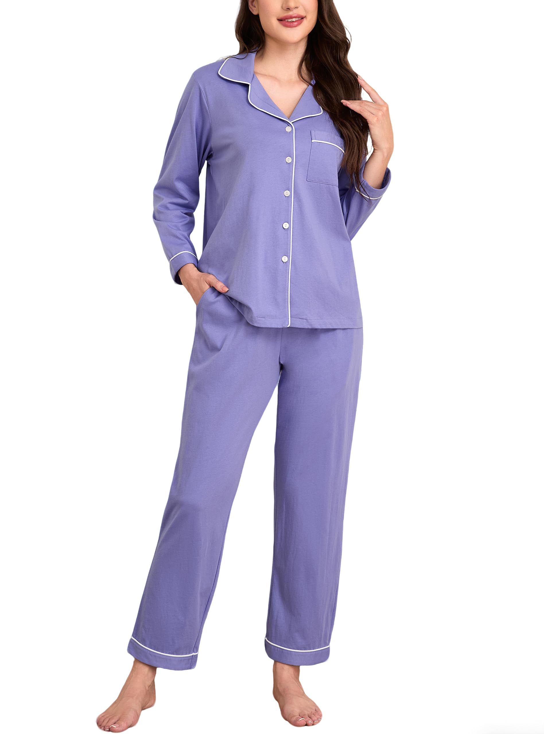 EA'S SECRET Womens Pajama Sets 100% Cotton Long Sleeve Shirt and Pants Soft Slee...