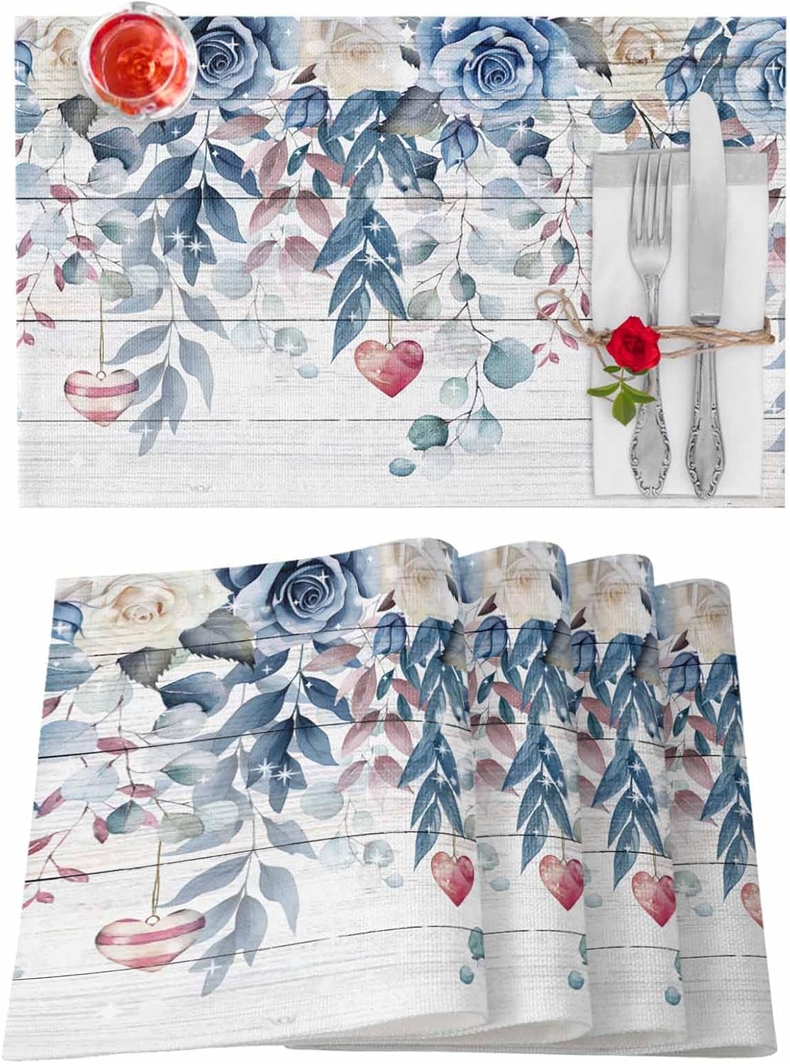 Valentine's Day Placemats Set of 8, Eucalyptus Leaves Heart Place Mats Blue Wood Grain Rose Tablemats Valentines Placemat Table Decoration for Kitchen Table Wedding Anniversary Dinner Party Decor