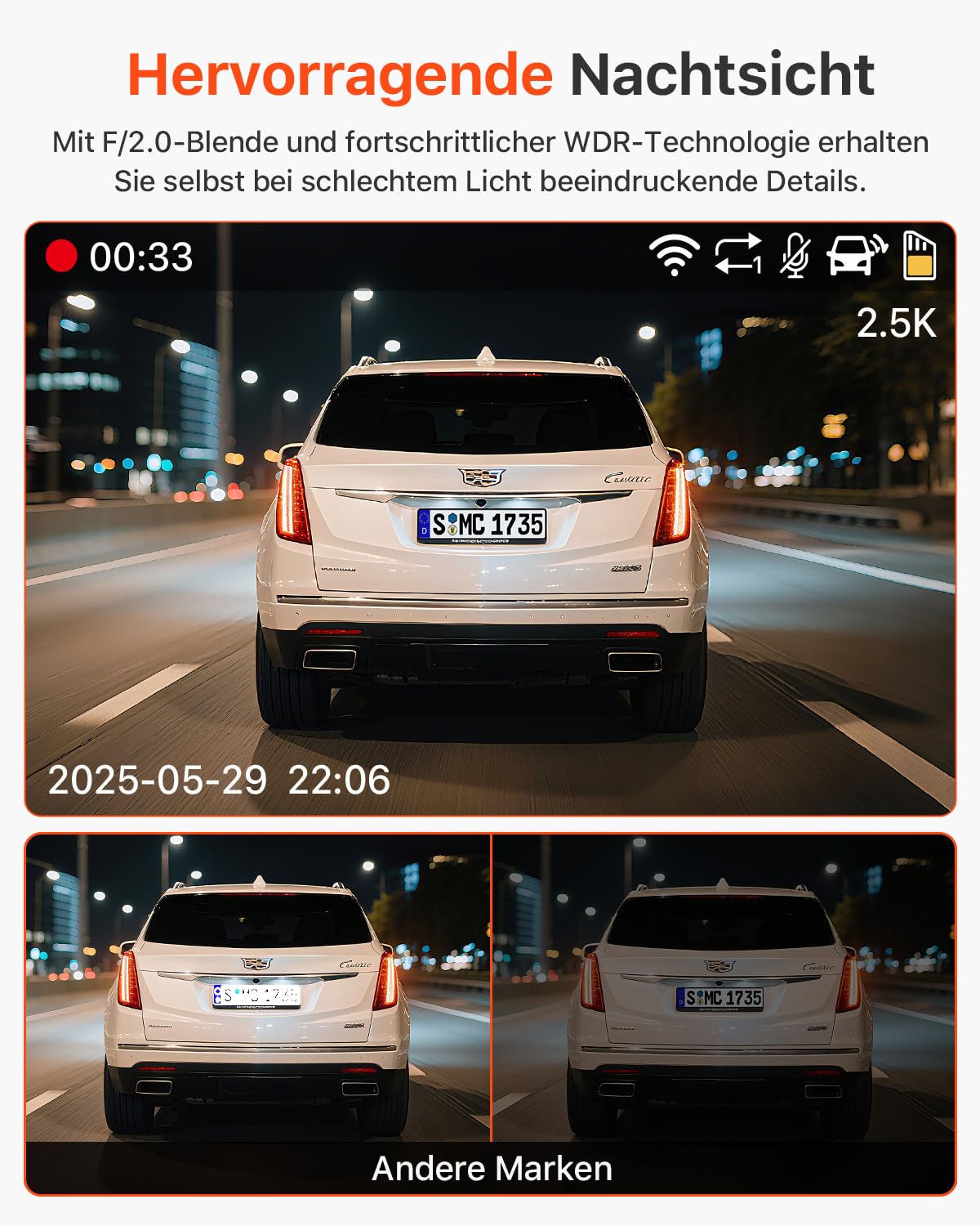 Bestsee 2.5K Dashcam Auto Vorne Hinten und Innen, 2,35" IPS-Bildschirm, 64GB SD-Karte, 24H Parküberwachung, WDR Nachtsicht, G-Sensor, Loop-Aufnahme