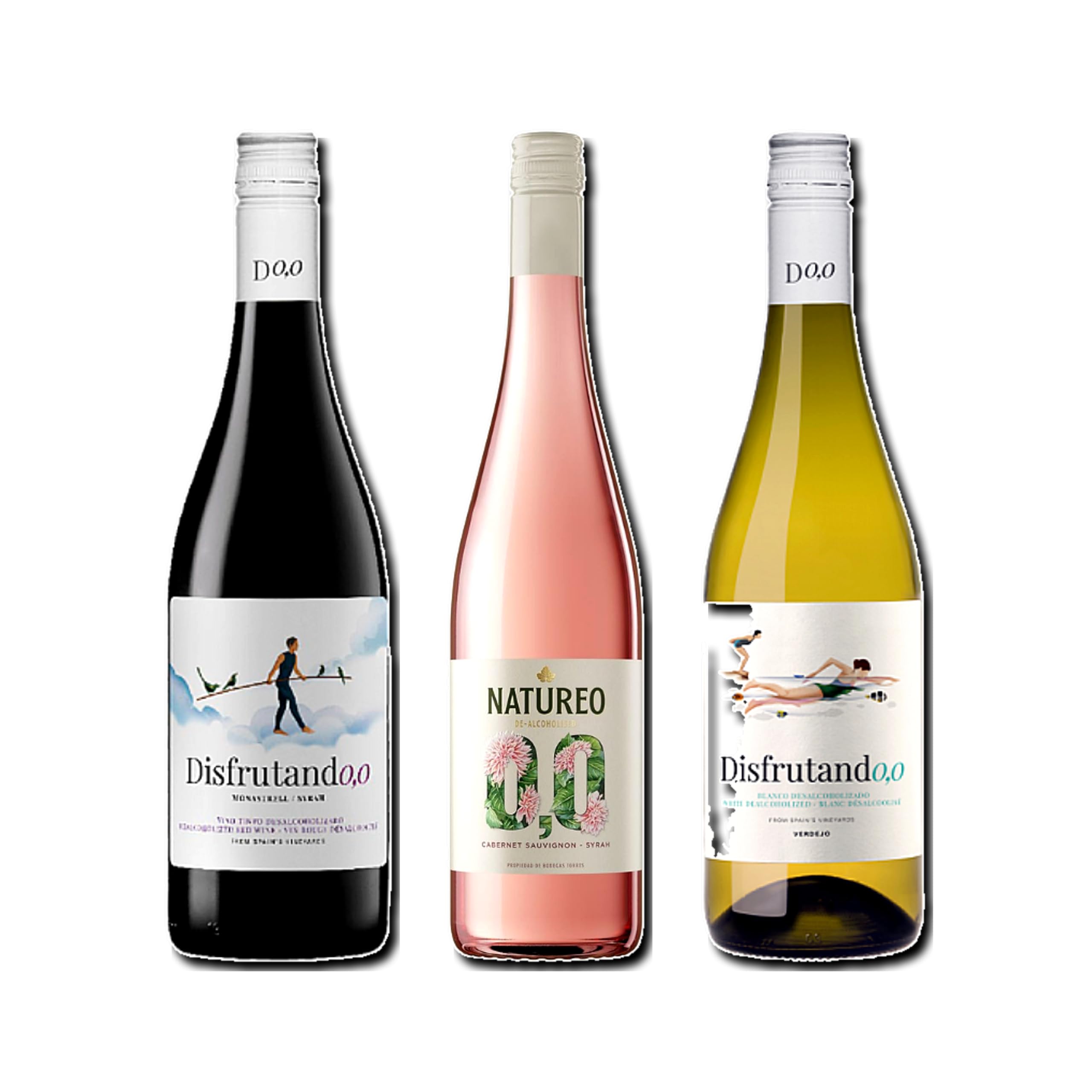 vino sin alcohol 0,0 Disfrutando 0,0 Tinto, Natureo Rosado y Disfrutando 0,0 Blanco pack de 3 botellas 75cl