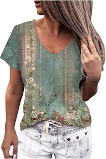 DIYIOUZHOU Plus Size Tops For Women Shorts Sleeves 2023 Elegant Cool Spring Cover Up Oversized Short Sleeved Dat V Neck Loose Cotton Printing Cover Up Dark Green