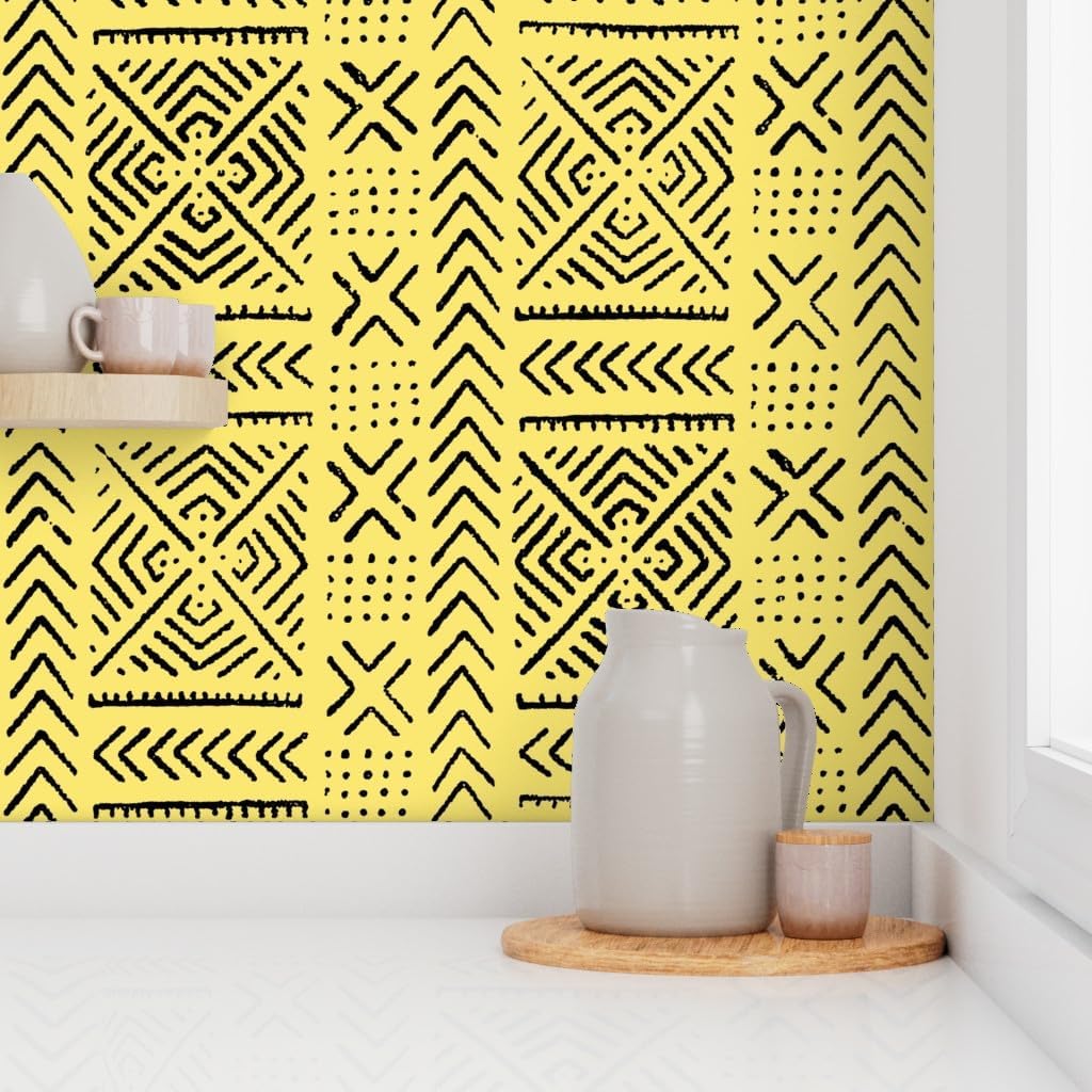 Peel & Stick Wallpaper 3ft x 2ft - Line Mud Cloth Yellow Large Africa African Tribal Afrocentric Custom Removable Wallpaper by Spoonflower