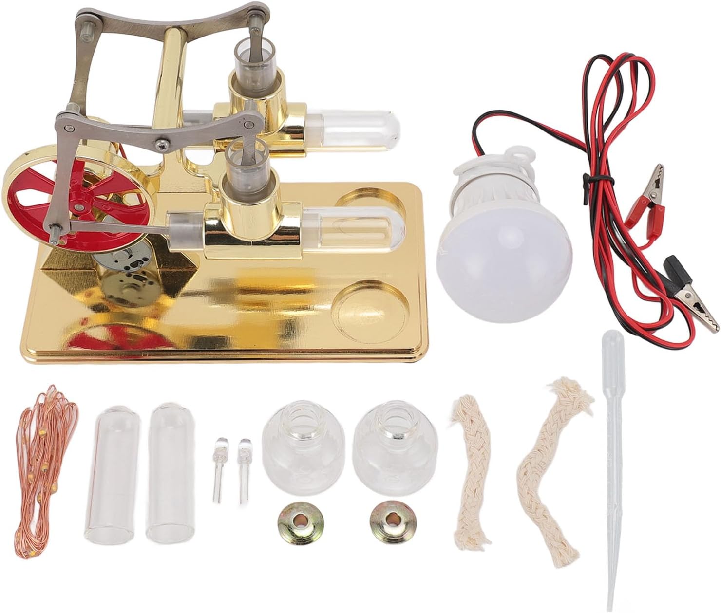 Stirling Engine Model Kit Double Cylinder All Metal Wooden Base Stirling Engine Motor Model Science Physics Experiment Educational Toy for Adults Kids (Golden)