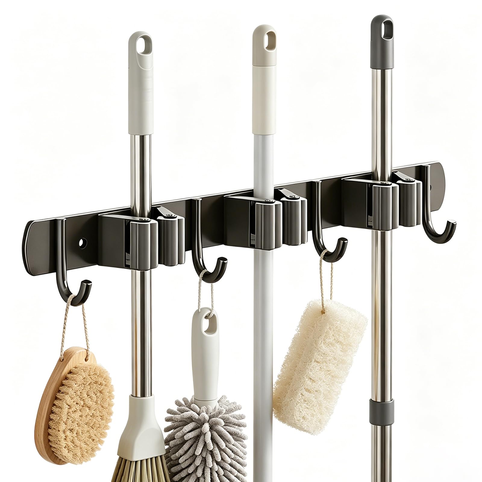 Porta Scope da Parete 3 Supporti con 4 Ganci Portascope da Muro Appendibile in Acciaio Inox Appendi Scope a Muro Adesivo Appendiscope Organizer per Cucina, Garage, Giardino, Terrazza, Bagno