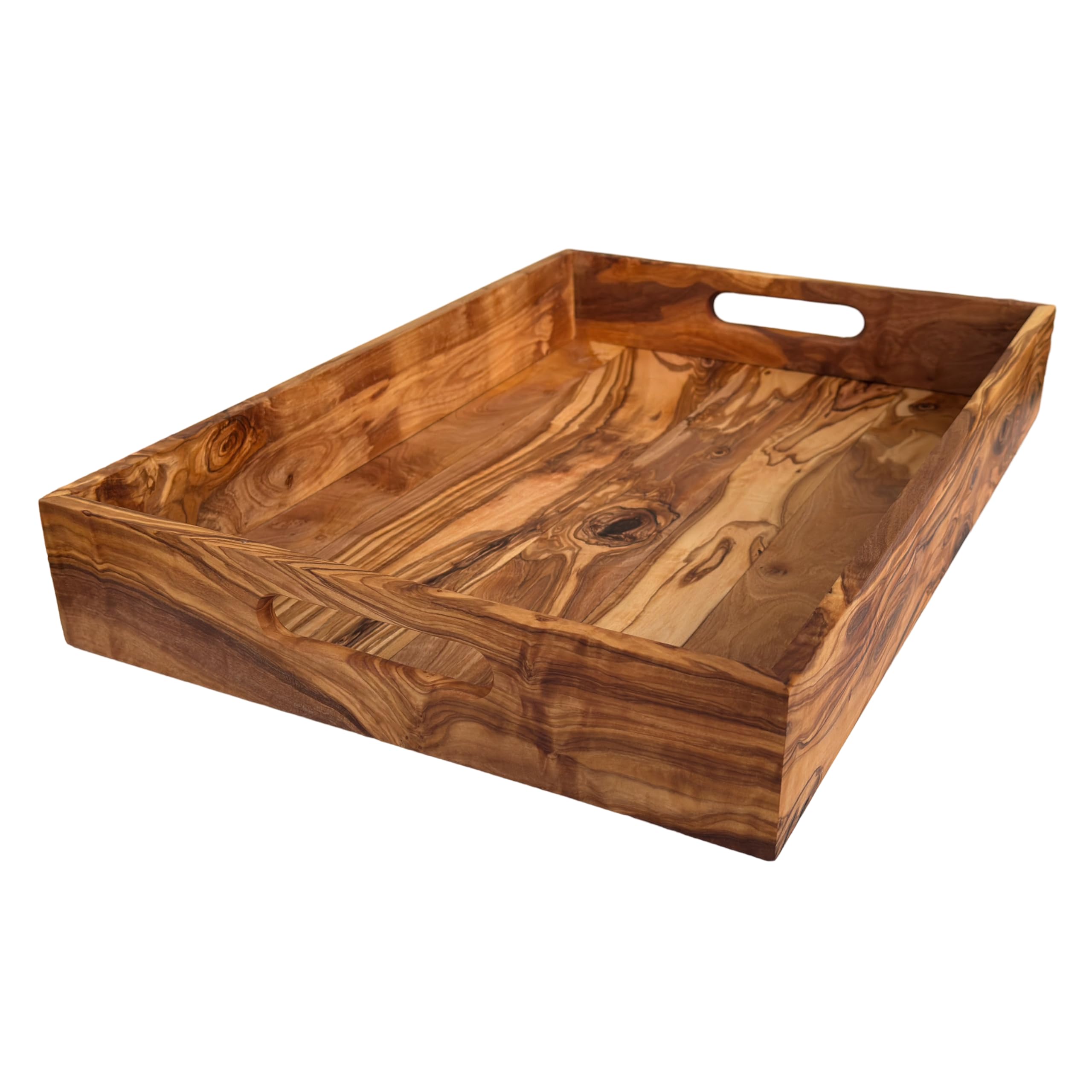 Plateau de service avec 2 poignées « My Home » - 47 x 32 x 7 cm - Plateau rectangulaire en bois d'olivier fait à la main