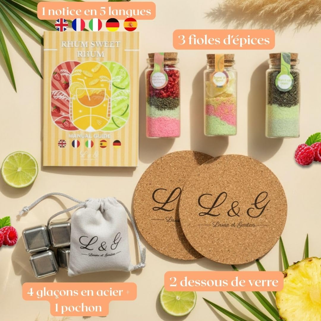 L&G - Coffret Rhum Arrangé “RhumSweetRhum” | Kit Fabrication Maison avec Épices Naturelles | 3 Fioles Saveurs Exotiques + Glaçons + Dessous de Verre | Idée Cadeau Noël ou Secret Santa