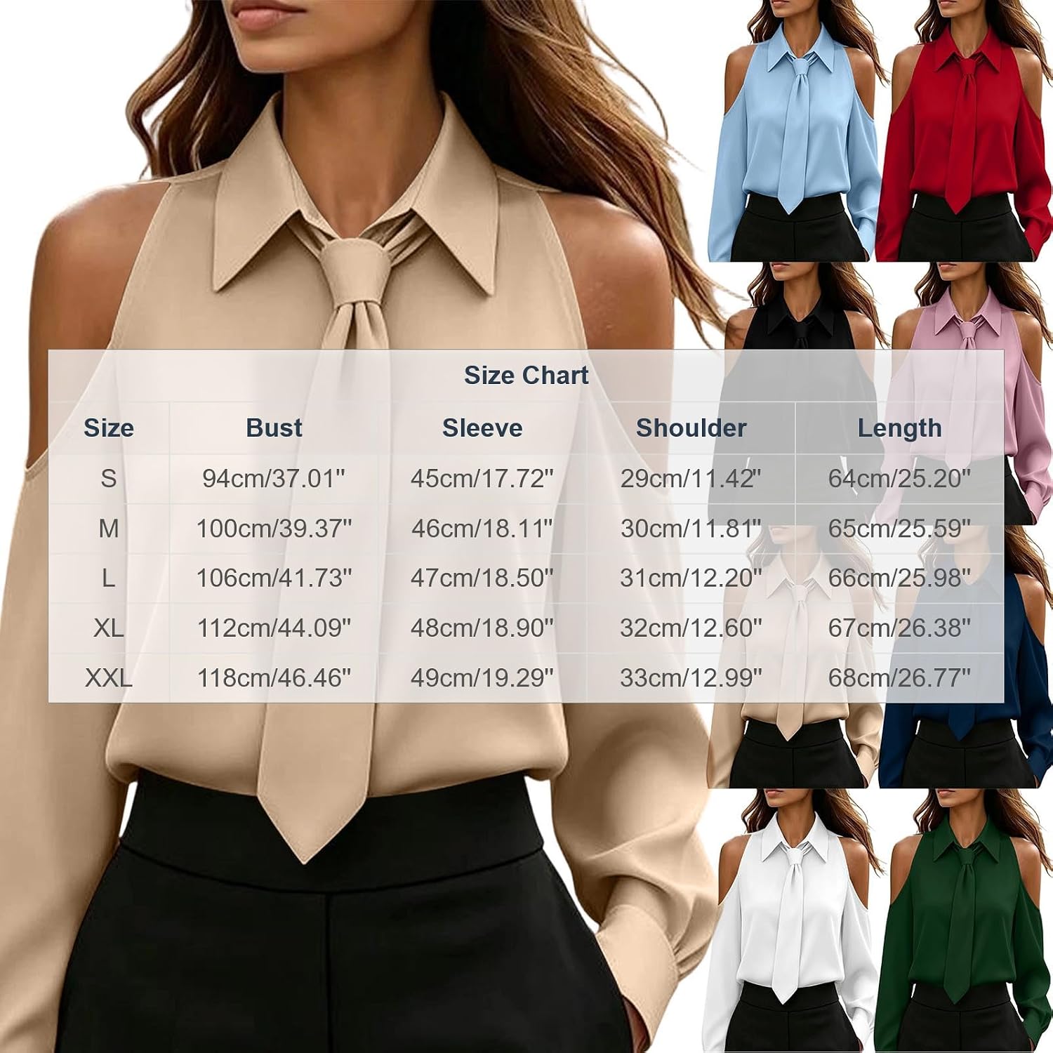 Womens Cold Shoulder Tops Long Sleeve Tie Neck Work Blouses | Built In Necktie Details, Elegant Silky Shirts, Chic Cutout Shoulders, Professional Office Wear, Evening Outfits