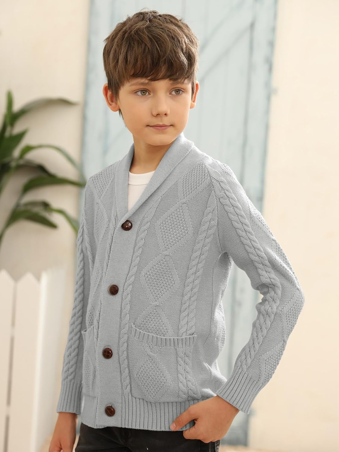 Boy's Sweater Cardigan Button Down Shawl Collar Cable Knitted Outwear Sweater Coats with Pockets - Image 5