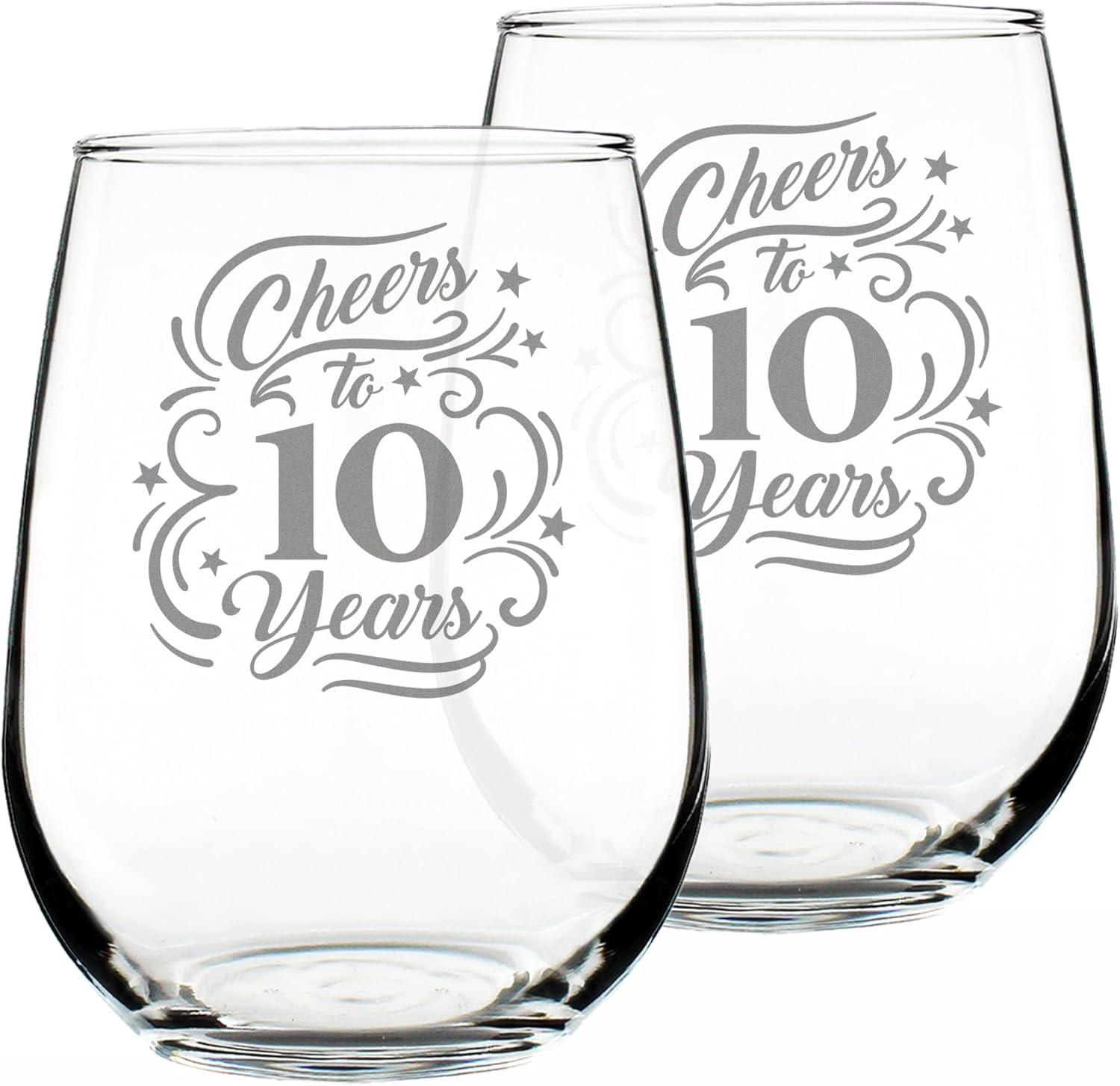 Bevvee Cheers to 10 Years - Stemless Wine Glass Gifts for Women & Men - 10th Anniversary Party Decor - Set of 2 - Large 17 Oz Glass