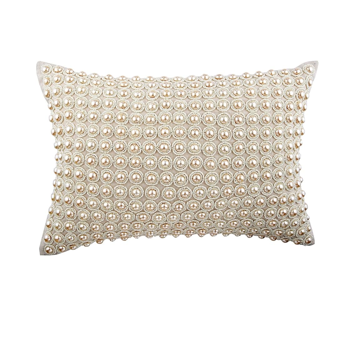 The HomeCentric Funda de Almohada Decorativa Beige Perla Bordada Lino Paquete de 2, 30x40 cm Beige, Funda de cojin Hecha a Mano Lino - Sea of Pearls