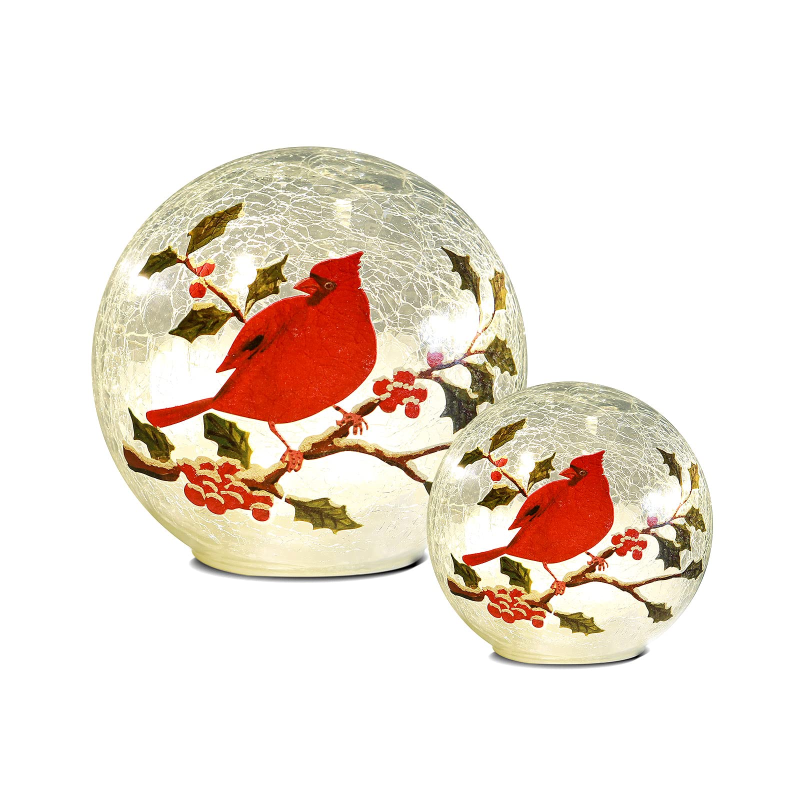 BERSCAH Glass Ball Light Crackle LED Night Light Red Birds Pattern Globe Glass Table Lamp, Orb Cardinal Night Light for Outdoor Decorations Pathway Patio Yard Lawn Bedroom - 2 Pack
