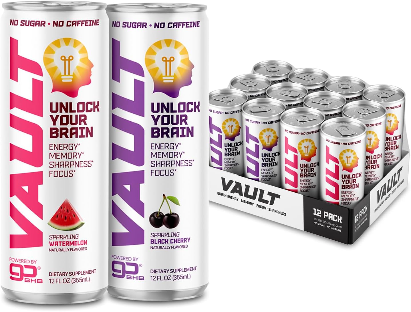 VAULTCaffeine Free Brain Energy Drink – Nootropic for Mental Focus Sharpness Memory and Reaction Time – No Crash or Jitters – Sugar Free – 12 Fl Oz (Pack of 12) – Sour Watermelon + Tart Cherry Flavor