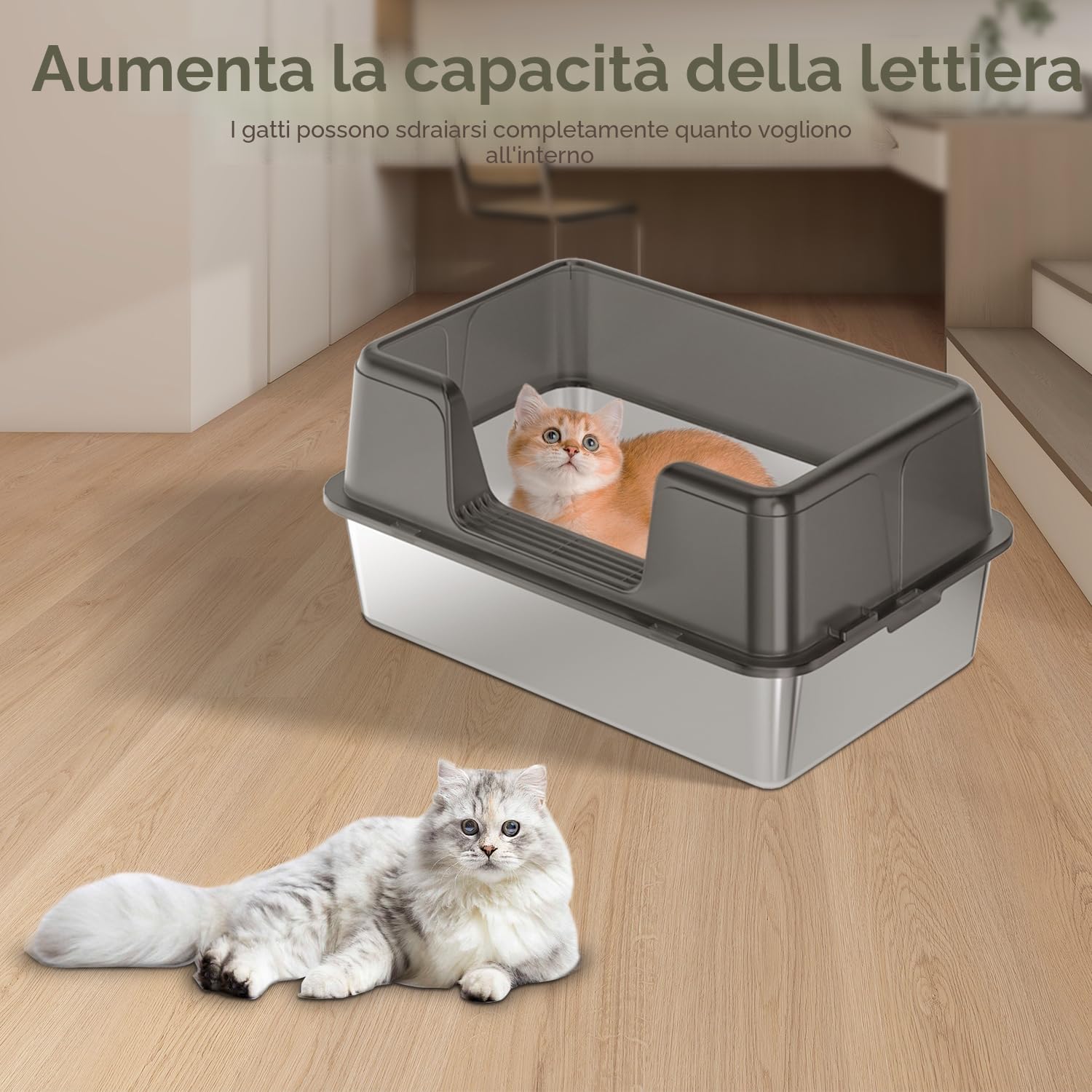 Lettiera per gatti in acciaio inox, 60 x 40 x 30 cm, in acciaio inox, con tappetino per lettiera e paletta, non si attacca ai residui, non attira odori