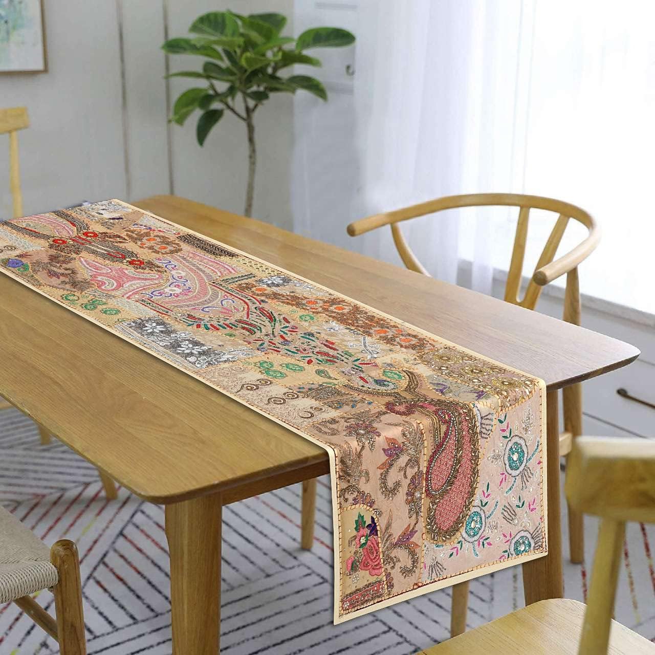 Treen Art Linen Indian Table Runner 20" W x 40" L, Ethnic 100% Cotton Embroidered Handcrafted Mirror Art Long Patchwork Dining Indian Table Cloth (Orange)