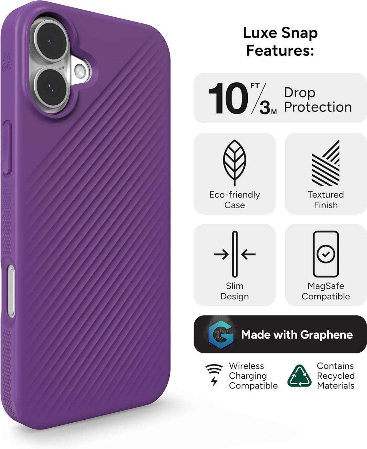 ZAGG Luxe Snap Case for iPhone 16 Plus - MagSafe Wireless Charging, 10ft Drop Protection, Eco-Friendly, Graphene Reinforced, Ripple Design, Grape Purple - Image 3