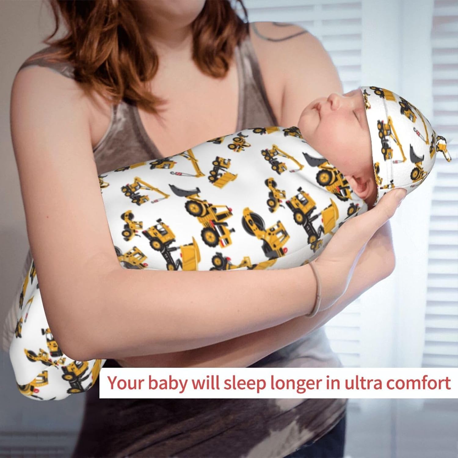 Construction Machinery Excavator Truck Tractor Newborn Swaddle Blanket Baby Stuff Baby Blanket with Beanie Set Soft for Unisex Girls Boys