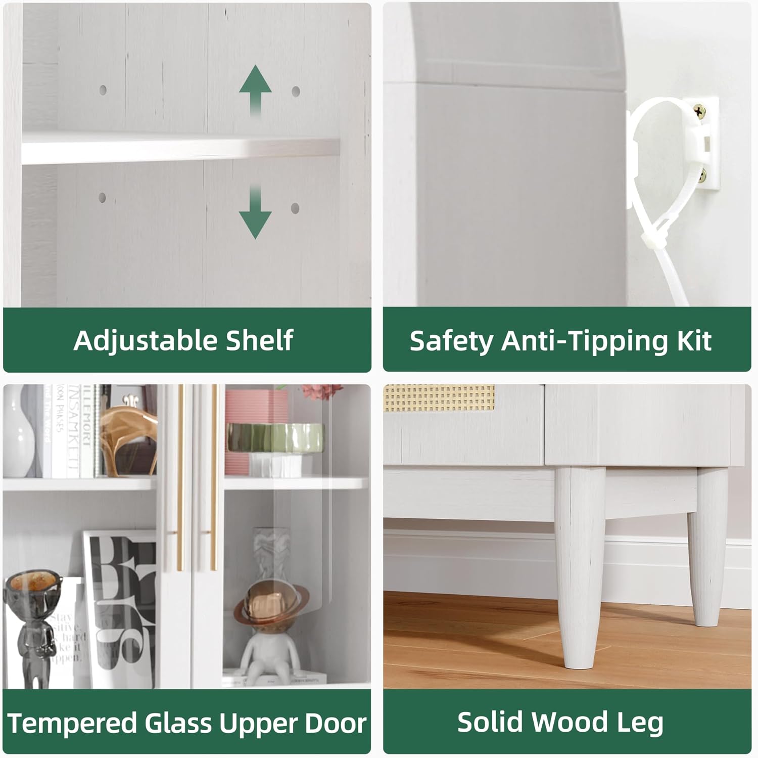 71" Arched Storage Cabinet Tall Modern Farmhouse Stylish Kitchen Pantry Cabinet with Glass Doors, Solid Wood Legs, and Storage Shelves for Living Room, Dining Room or Office, White