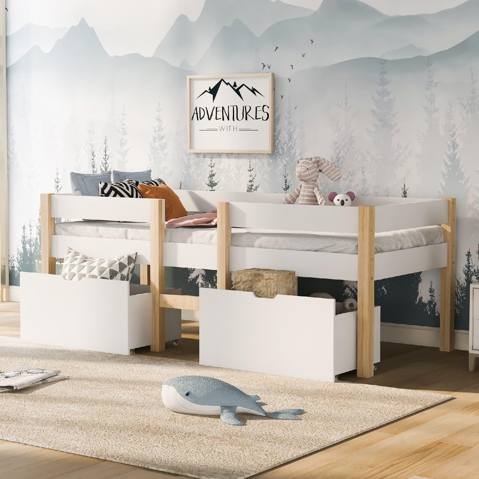 PUGSDRLY Lit d'enfant 90x190cm,Lit mi Hauteur avec Clôture de Sécurité et 2 Grands Tiroirs de Rangement,Cadre de Lit avec Sommier à Lattes en Bois,Lit Mezzanine Enfant(sans Matelas) (90x190-B)
