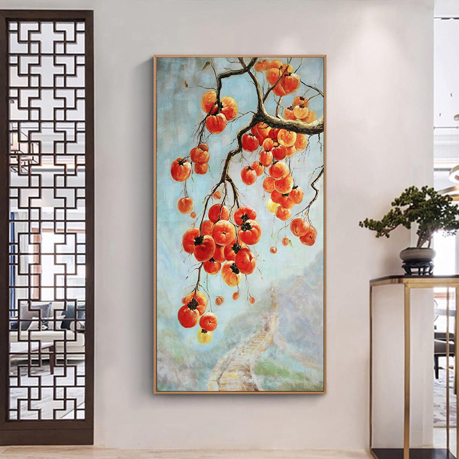 油彩画『花籠と柿』P8額装