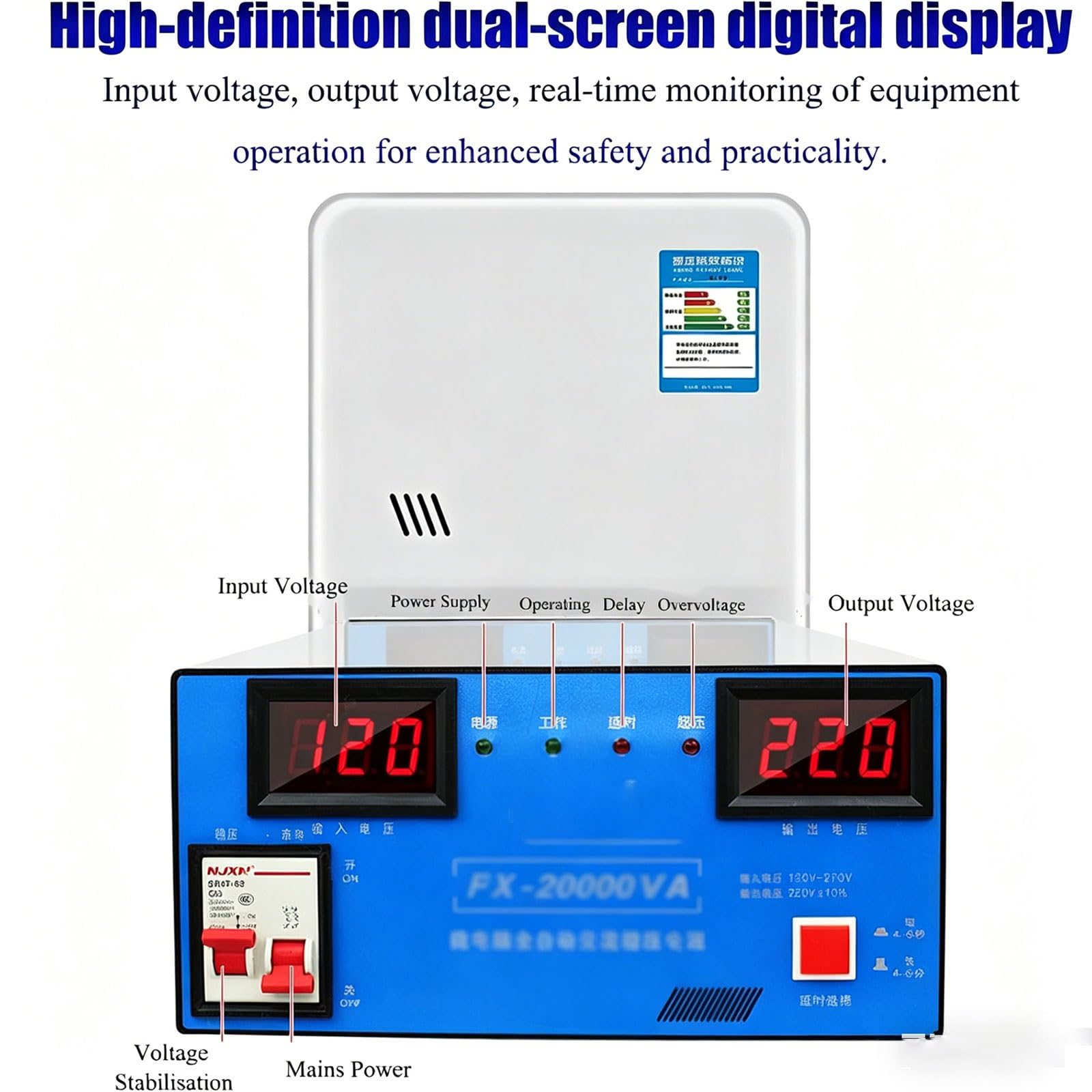 Estabilizador De Voltaje Automático 220V Transformador De Voltaje CA Estabilizador De Baja Tensión Para Fuente De Alimentación Hogar Con Pantalla Digital Dual Para Pequeños Electrodomésticos(30000W)