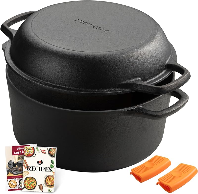 7QT Double Dutch Oven - 2-in-1 Pre-Seasoned Cast Iron Pot & Recipe | Skillet Lid Doubles as Frying Pan, Heavy Duty Cast Iron Pot with Handle Covers, for Sourdough Baking Frying Outdoor Camping