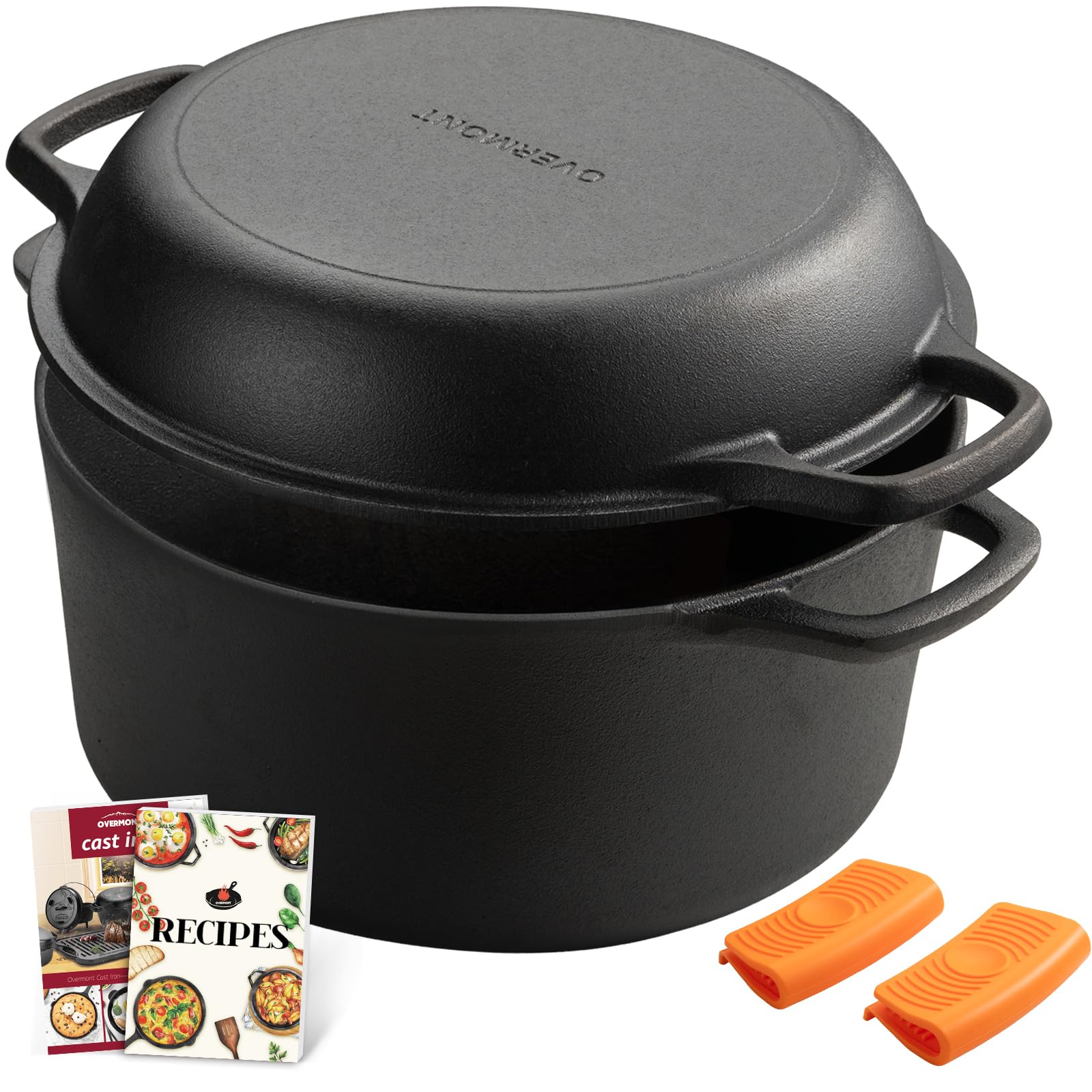 Overmont Gusseisen Topf Dutch Oven - Brottopf mit Deckel ⌀28 cm - Doppelfunktion Deckel/Bratpfanne - für Küche Camping Garten BBQ Backen Gasgrill