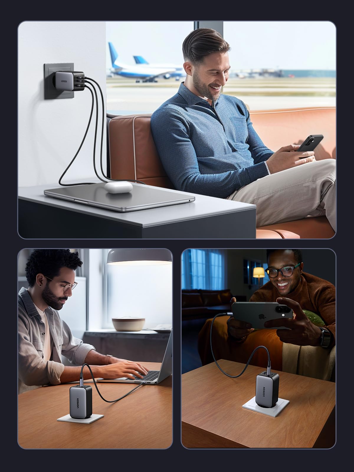 UGREEN Nexode 65W Caricatore USB C Ricarica Rapida di 3 Porte Alimentatore Compatibile con iPhone 17 Pro Max Air 16 15 14 13 Galaxy S26 25 24 Pixel 10 Pro iPad MacBook M5 M4 Steam Deck (Nero)